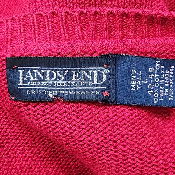 Vintage Lands End Sweater Mens Large Tall Red Drifter V Neck Knit Made USA 90s - Picture 9 of 11